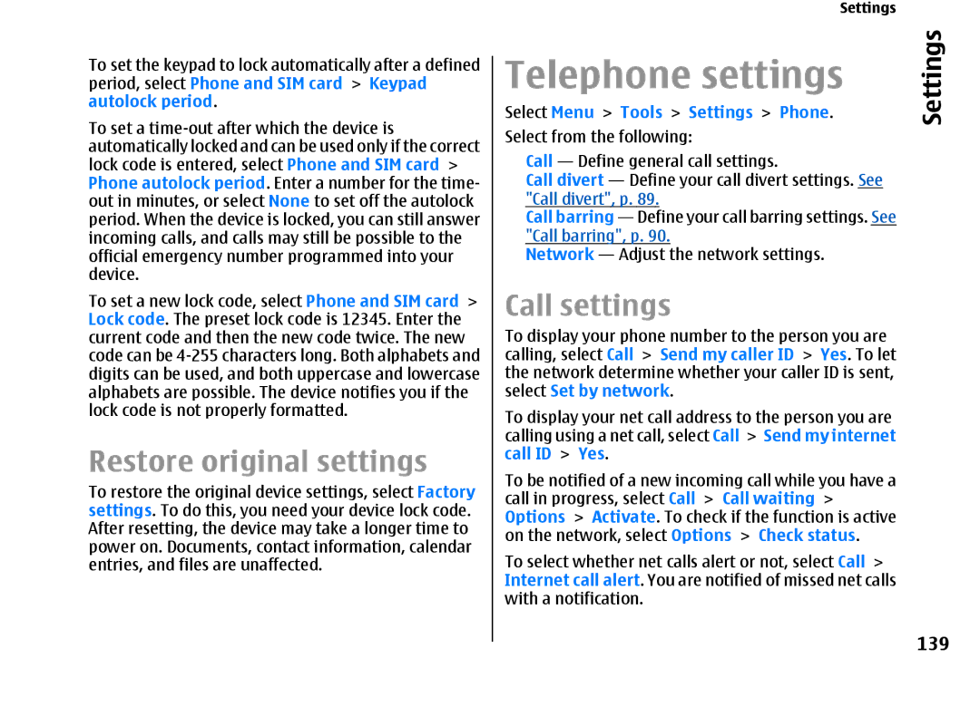 Nokia E66 manual Telephone settings, Restore original settings, Call settings, 139, Select Menu Tools Settings Phone 