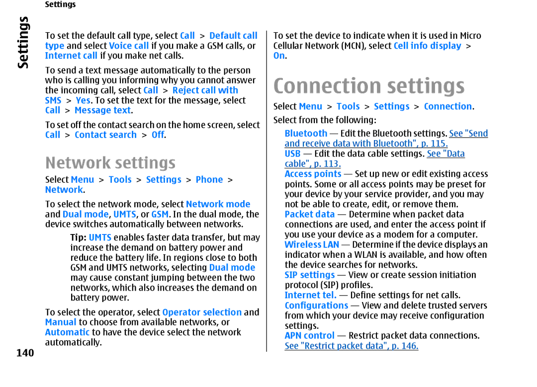 Nokia E66 manual Connection settings, Network settings, 140, Select Menu Tools Settings Phone Network 