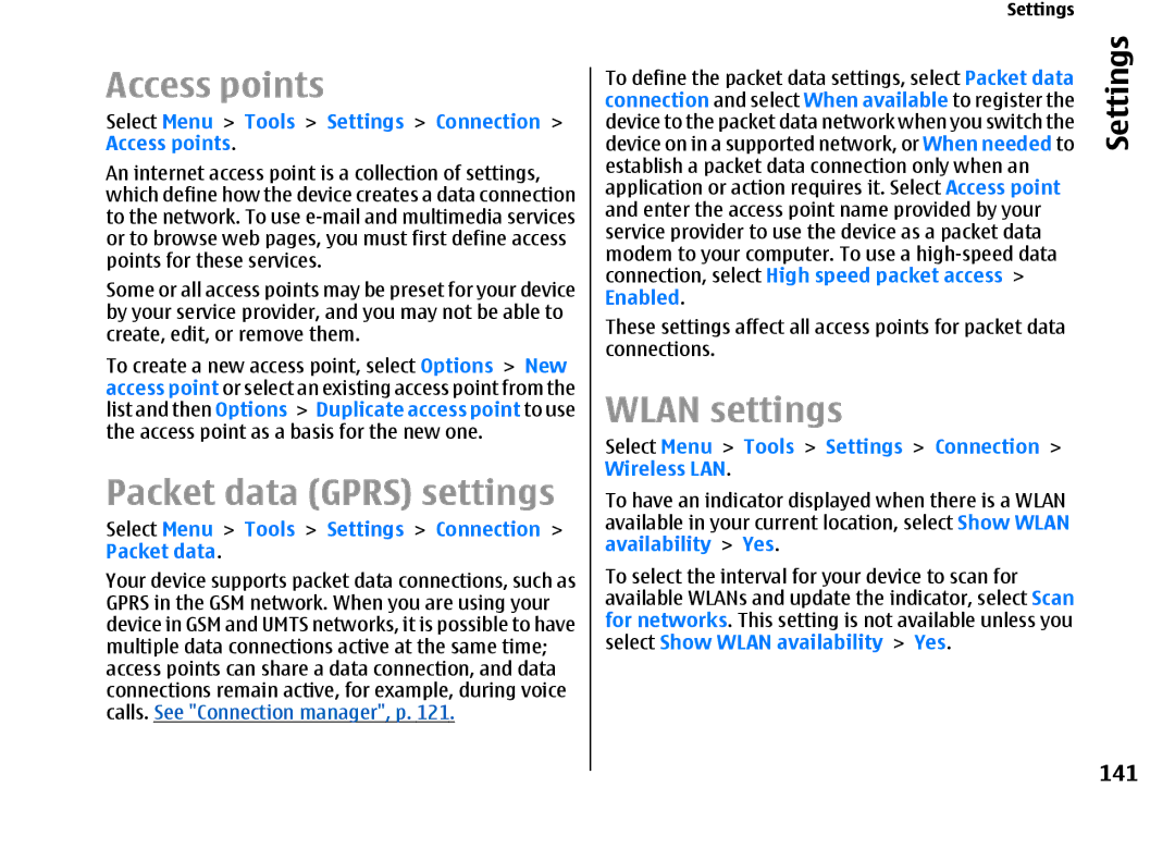 Nokia E66 manual Access points, Packet data Gprs settings, Wlan settings, 141 