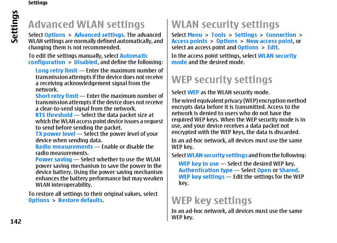 Nokia E66 manual Advanced Wlan settings, Wlan security settings, WEP security settings, WEP key settings, 142 