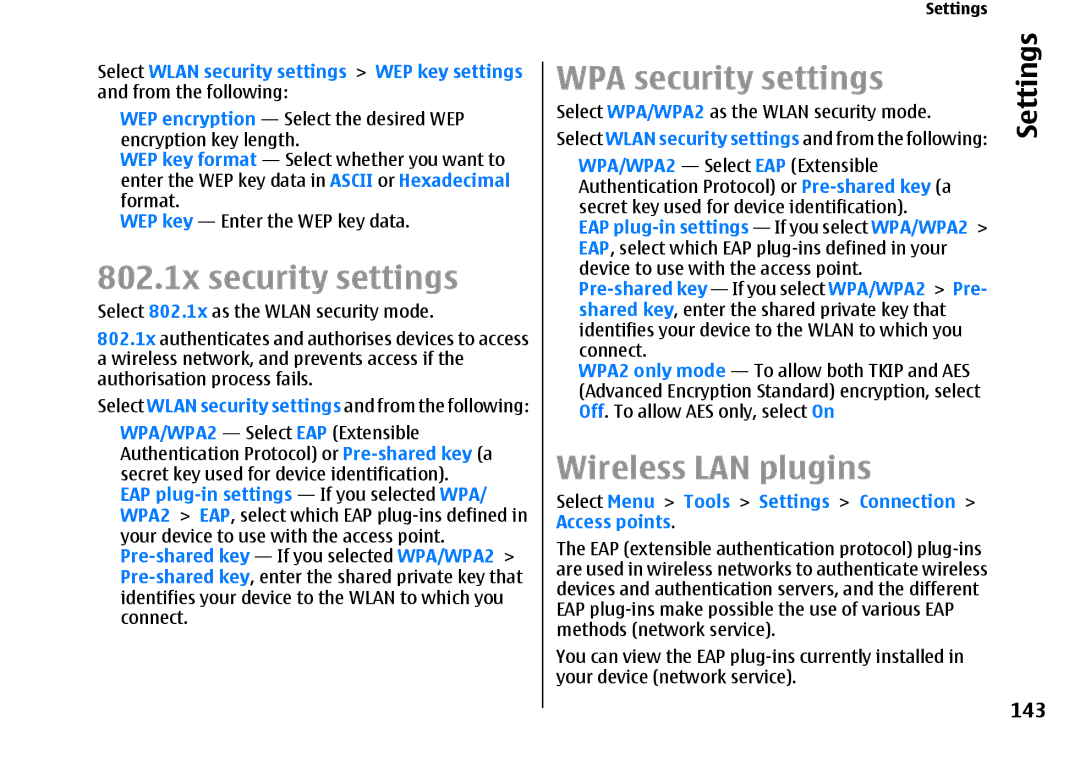 Nokia E66 manual 802.1x security settings, WPA security settings, Wireless LAN plugins, 143 