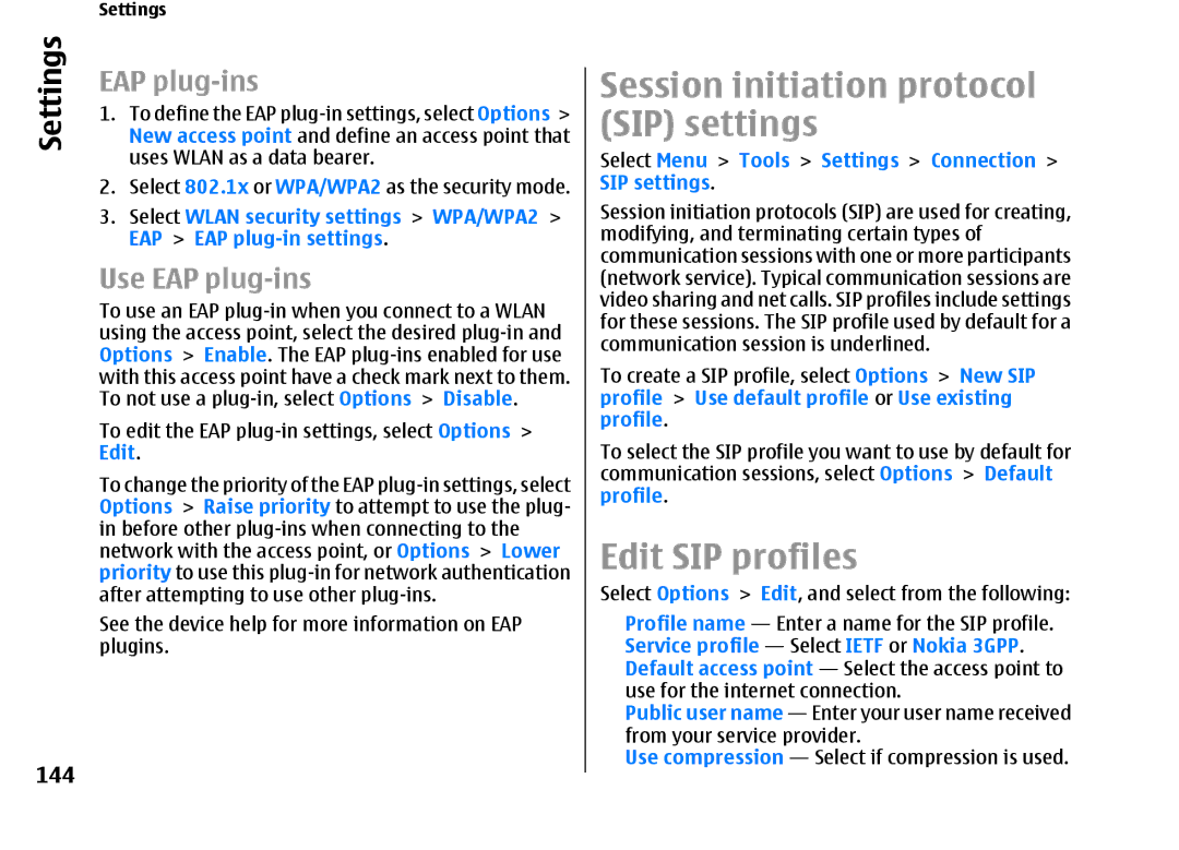 Nokia E66 manual Session initiation protocol SIP settings, Edit SIP profiles, 144, EAP EAP plug-in settings 