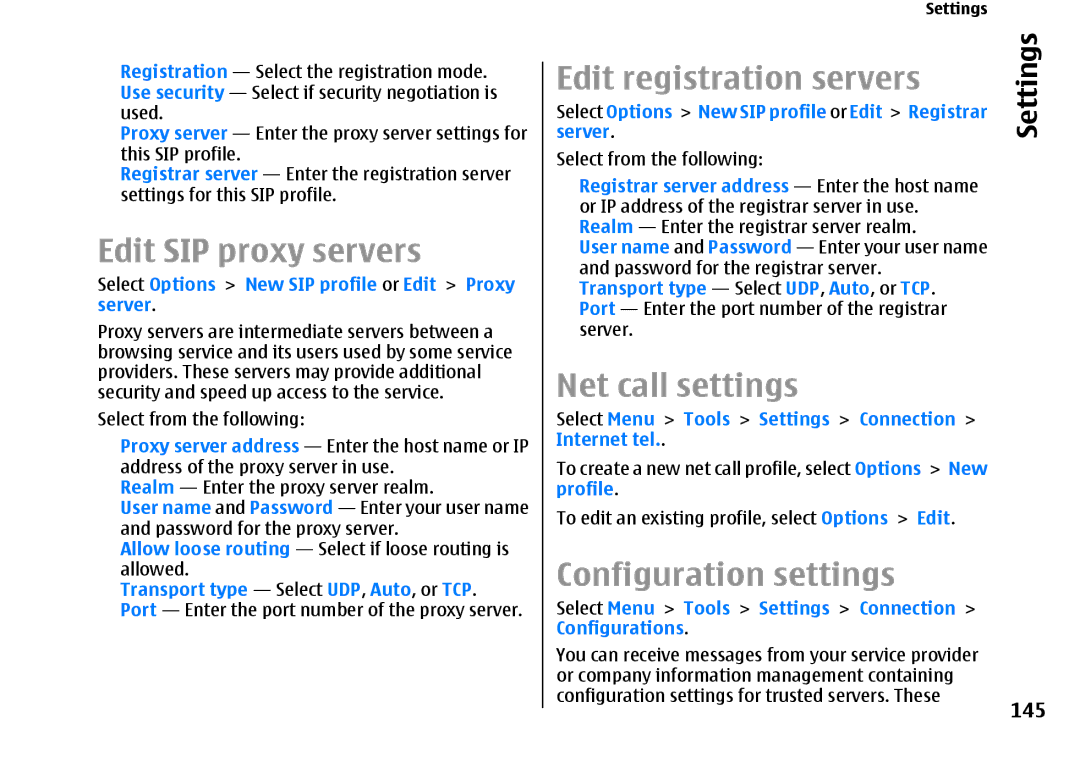 Nokia E66 manual Edit SIP proxy servers, Edit registration servers, Net call settings, Configuration settings, 145 