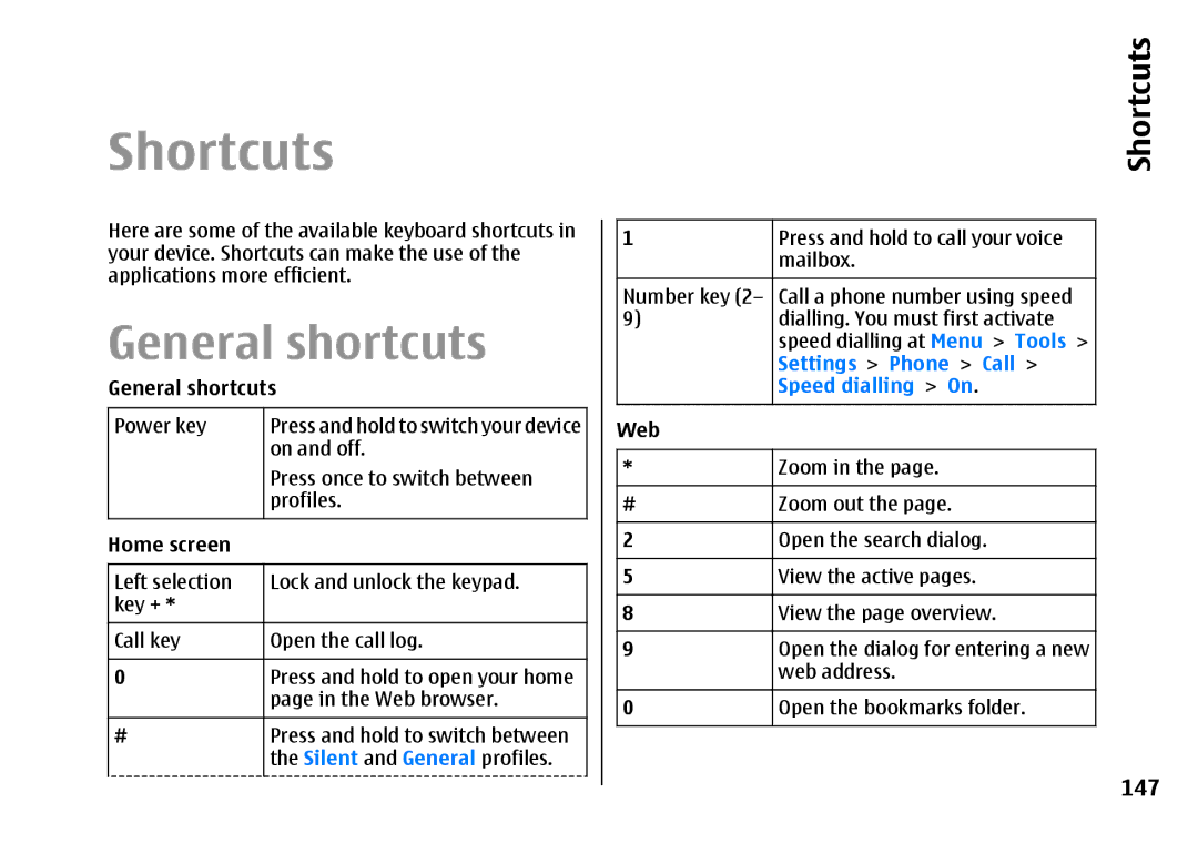 Nokia E66 manual Shortcuts, General shortcuts, Settings Phone Call, Speed dialling On 