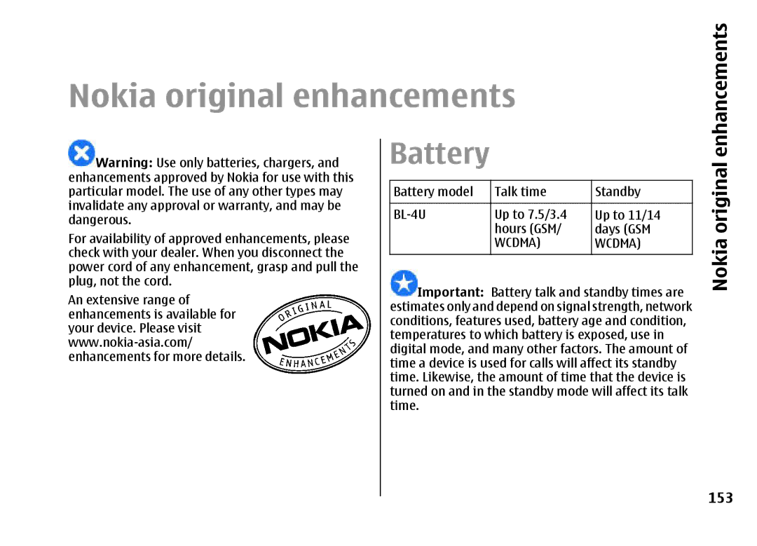 Nokia E66 Nokia original enhancements, Battery model Talk time Standby, Up to 7.5/3.4 Up to 11/14 Hours GSM Days GSM 