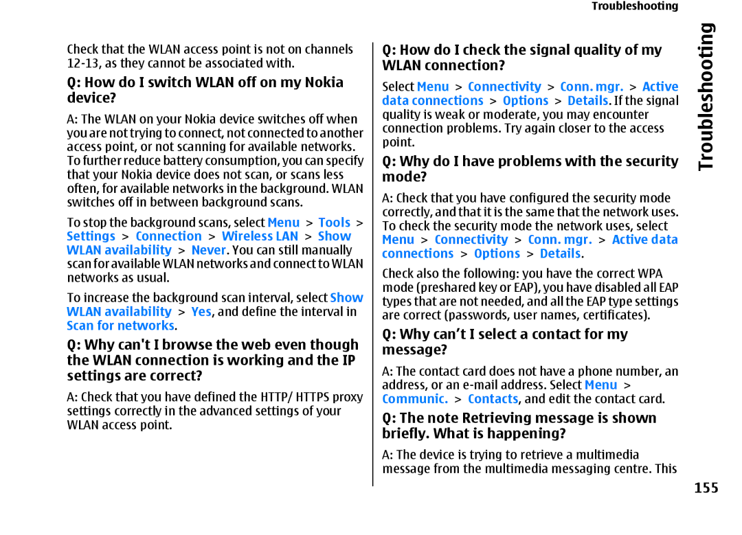 Nokia E66 How do I check the signal quality of my, Wlan connection? How do I switch Wlan off on my Nokia, Device?, Mode? 