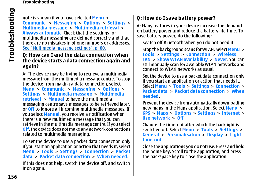 Nokia E66 manual 156, How do I save battery power?, GPS Maps Options Settings Internet Use network Off 