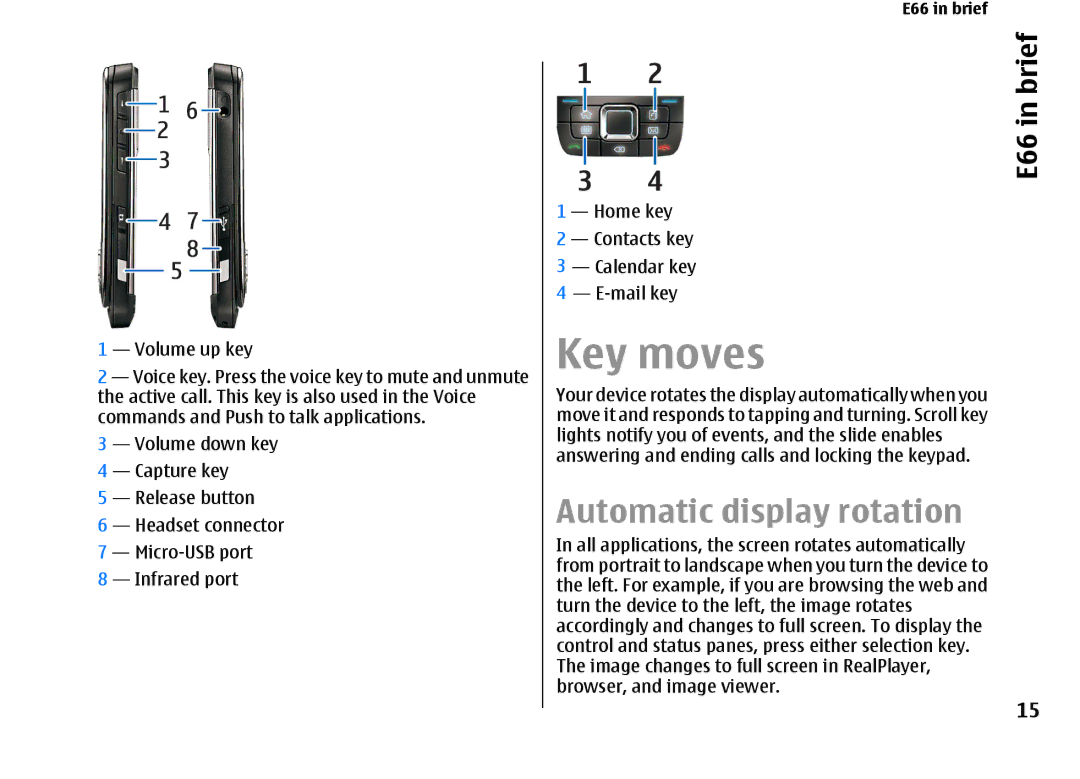 Nokia E66 manual Key moves, Automatic display rotation, Home key Contacts key Calendar key Mail key 