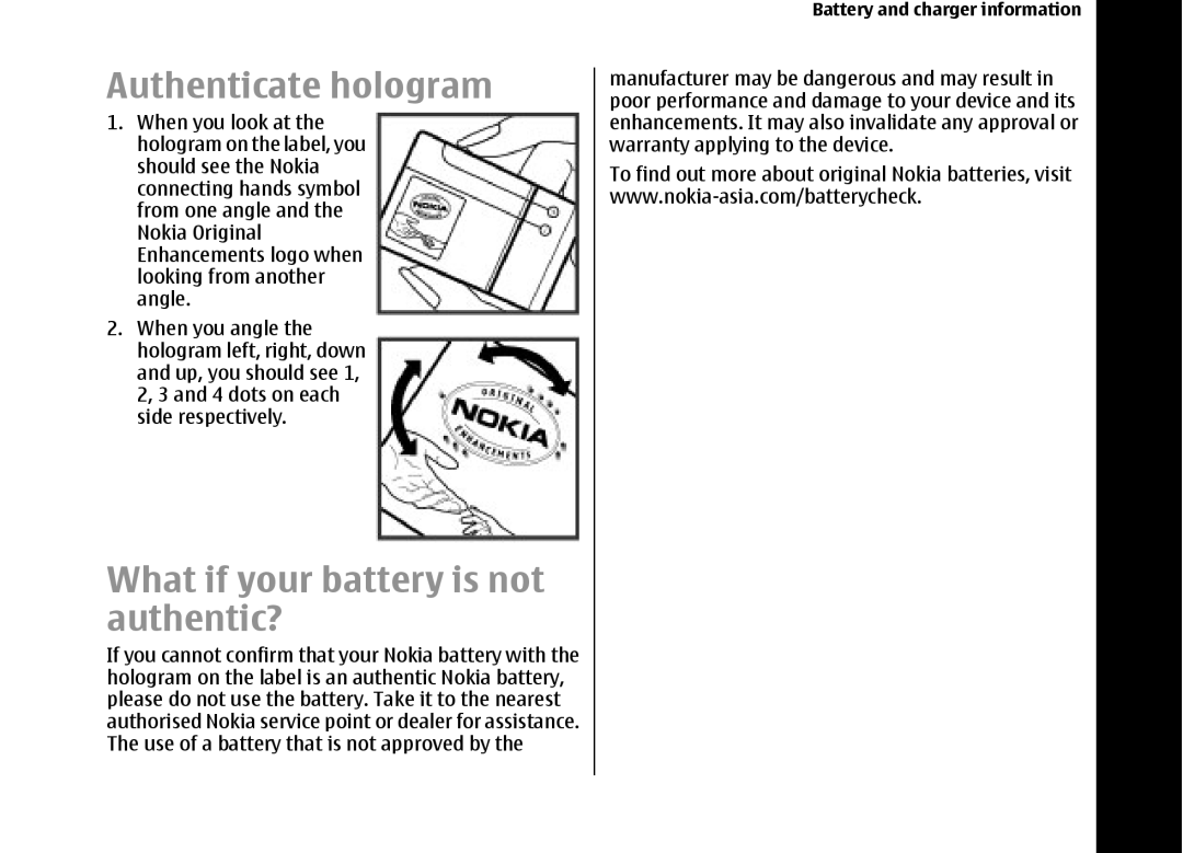 Nokia E66 manual Authenticate hologram, What if your battery is not authentic?, 159 