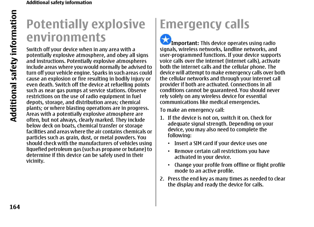 Nokia E66 manual Potentially explosive, Environments, Emergency calls, Additional, 164 