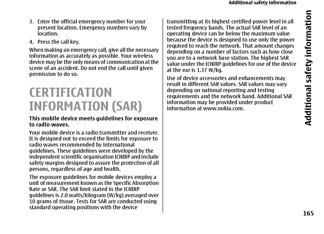 Nokia E66 manual Certification Information SAR, 165 