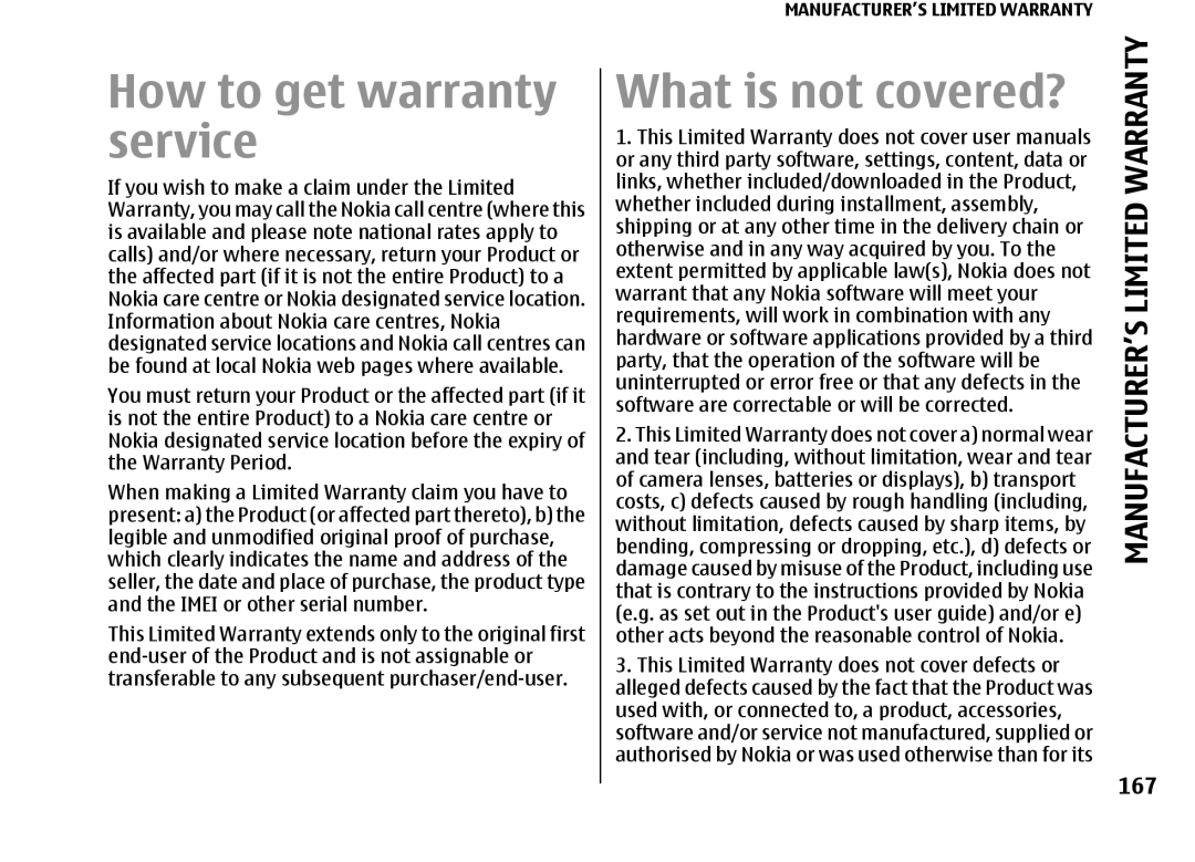 Nokia E66 manual How to get warranty service, What is not covered?, 167 