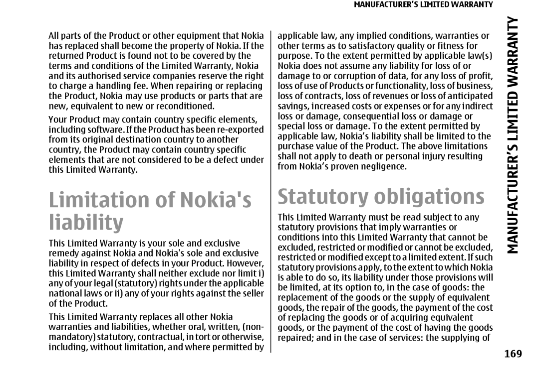 Nokia E66 manual Limitation of Nokias liability, Statutory obligations, 169 