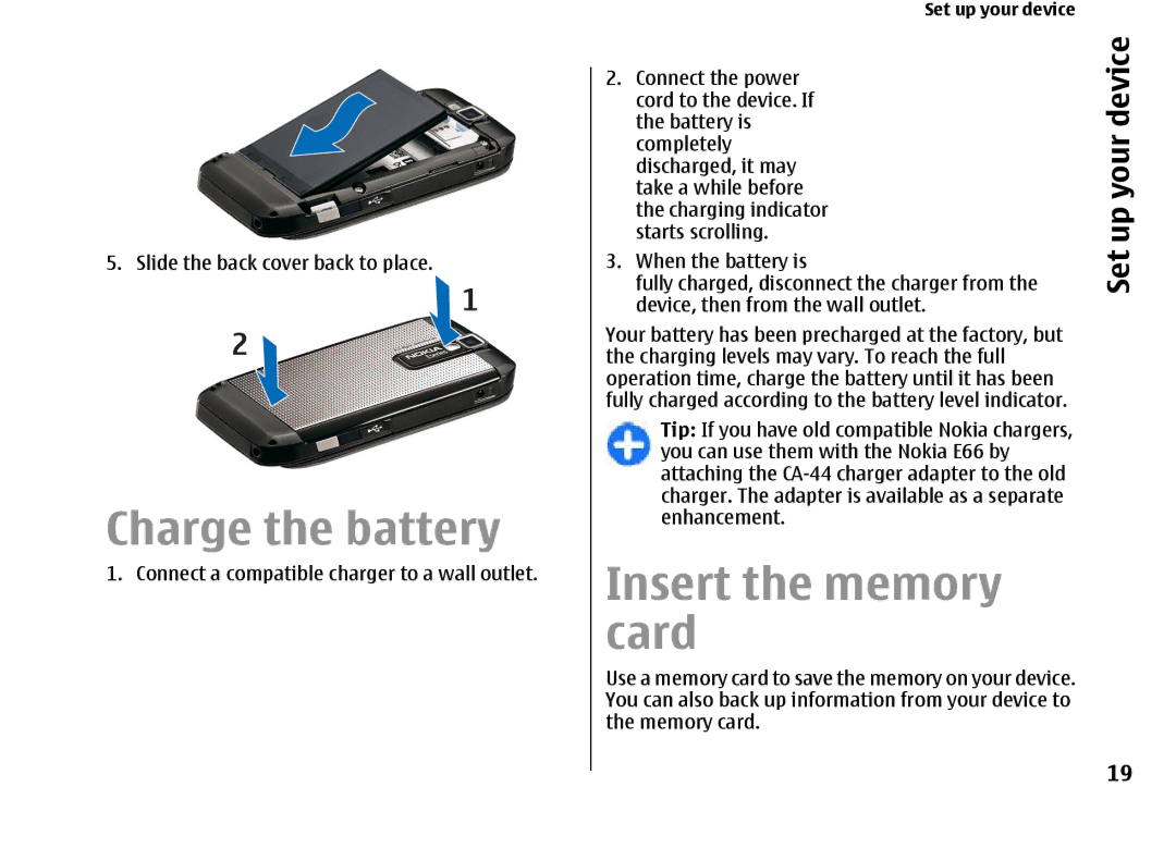 Nokia E66 manual Charge the battery, Insert the memory card, Your, Set 