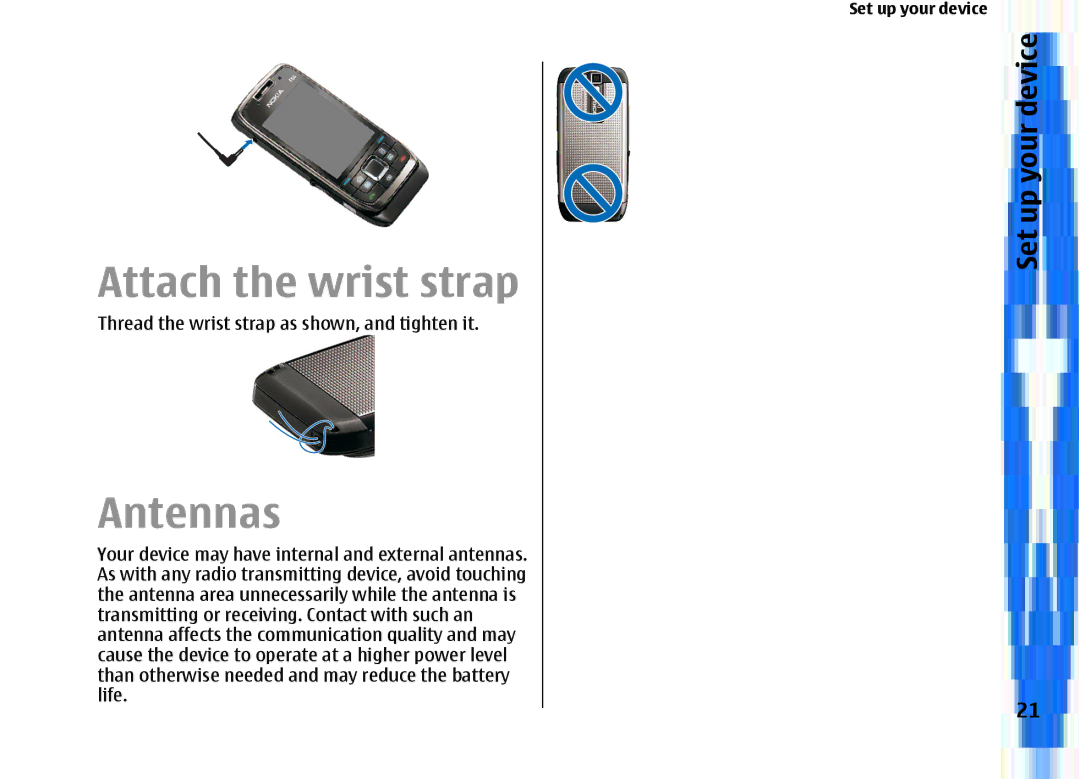 Nokia E66 manual Attach the wrist strap, Antennas, Thread the wrist strap as shown, and tighten it 