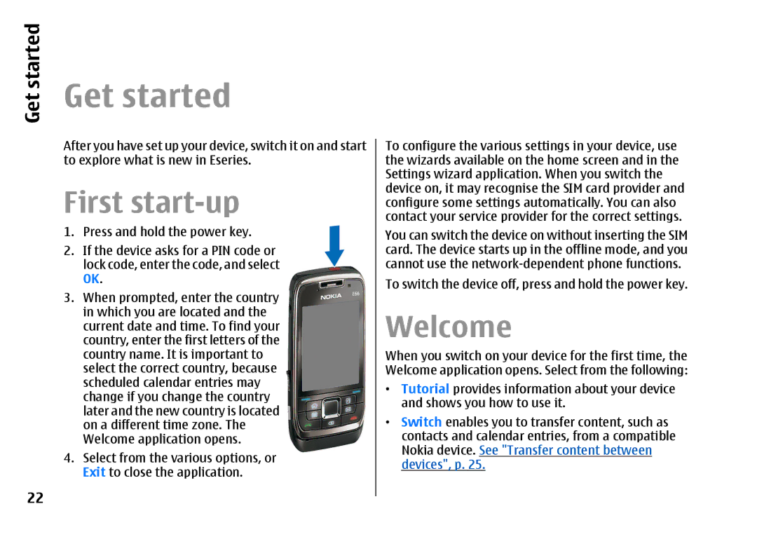 Nokia E66 manual Get started, First start-up, Welcome 