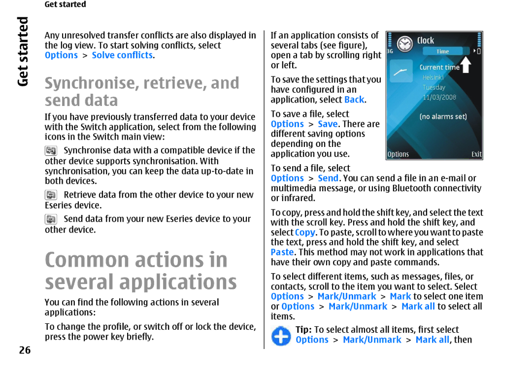 Nokia E66 manual Common actions in several applications, Synchronise, retrieve, and send data 