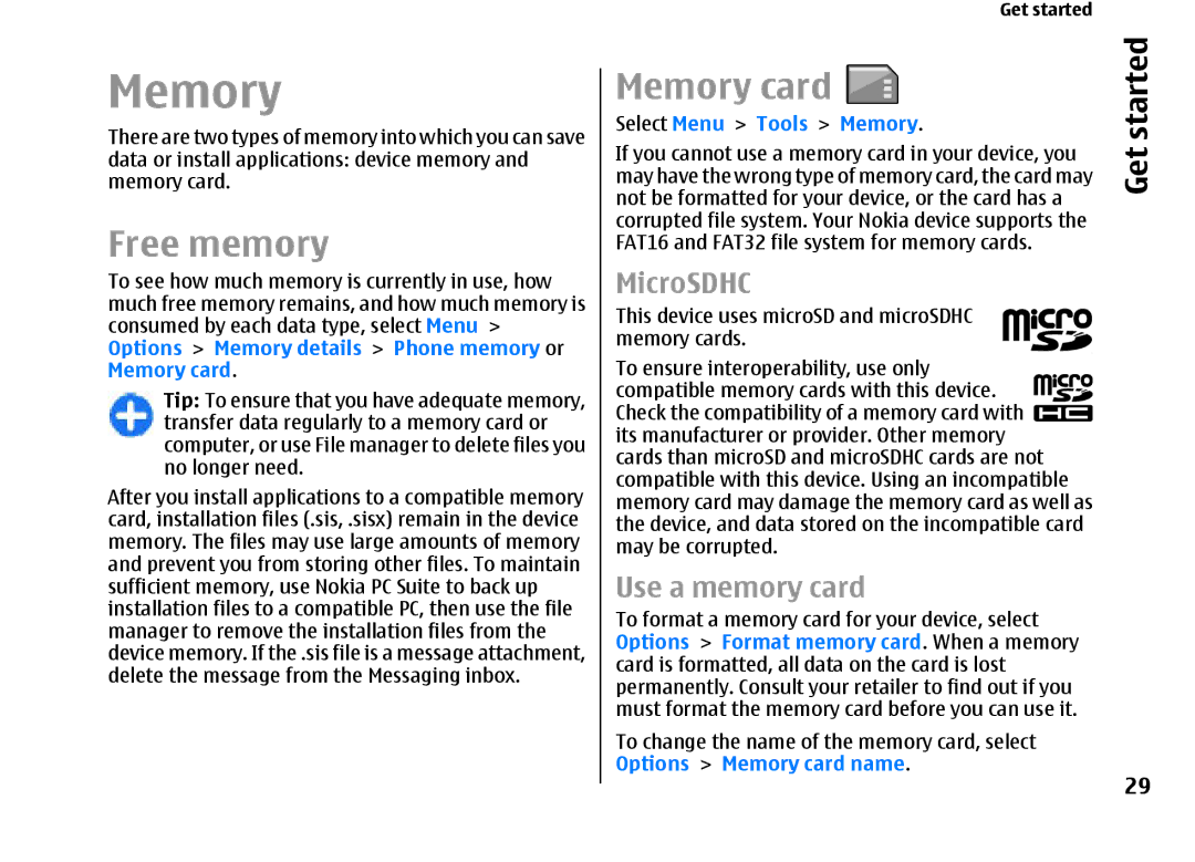 Nokia E66 manual Free memory, Memory card, Select Menu Tools Memory 