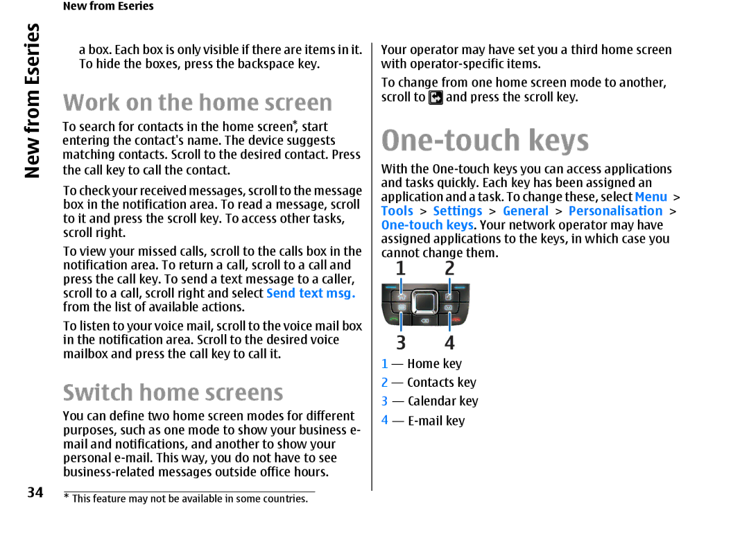 Nokia E66 manual One-touch keys, Work on the home screen, Switch home screens, New from Eseries 