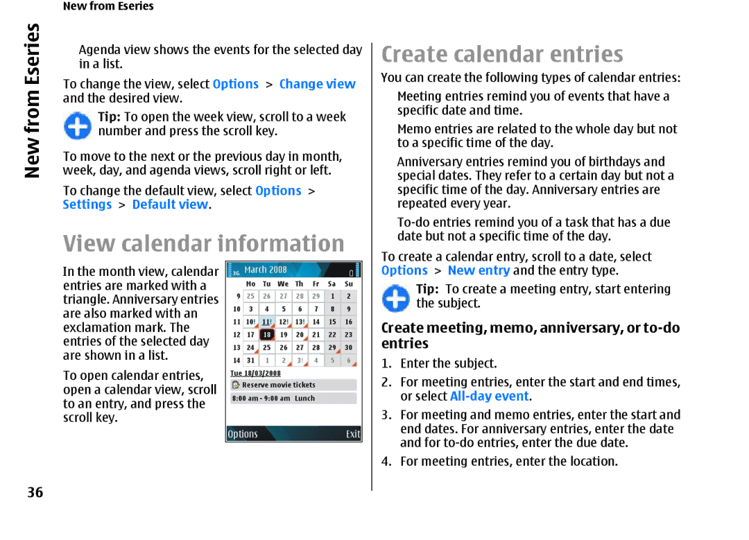 Nokia E66 manual View calendar information, Create calendar entries, Create meeting, memo, anniversary, or to-do entries 