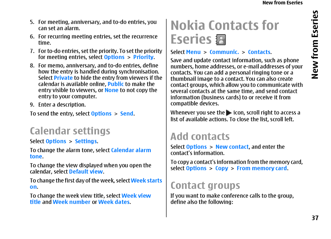 Nokia E66 manual Nokia Contacts for, Eseries, Calendar settings, Contact groups, From 