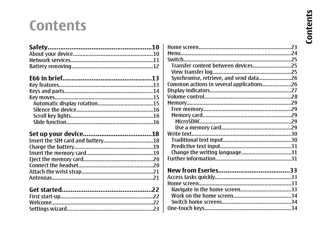 Nokia E66 manual Contents 