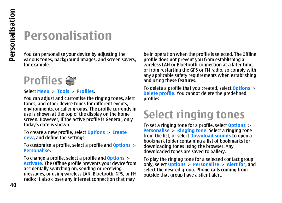 Nokia E66 manual Personalisation, Select ringing tones, Select Menu Tools Profiles 