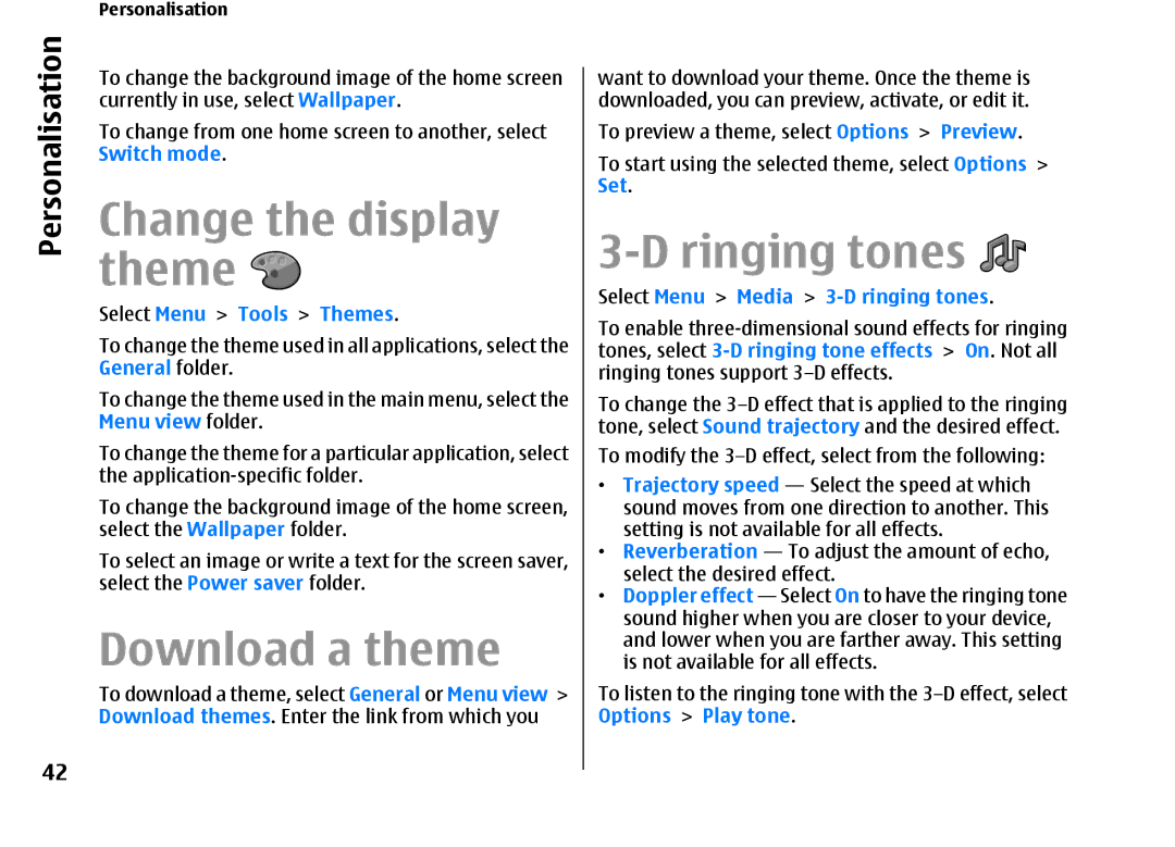 Nokia E66 manual Change the display theme, Download a theme, Ringing tones, Select Menu Tools Themes 