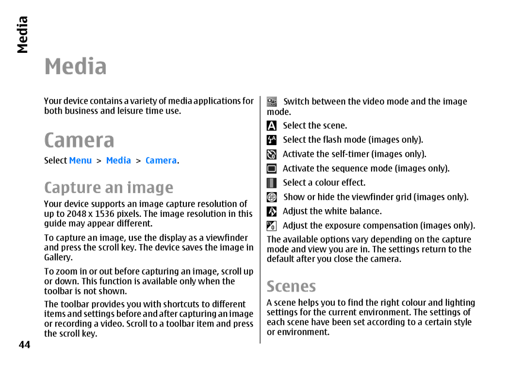 Nokia E66 manual Media, Camera, Capture an image, Scenes 