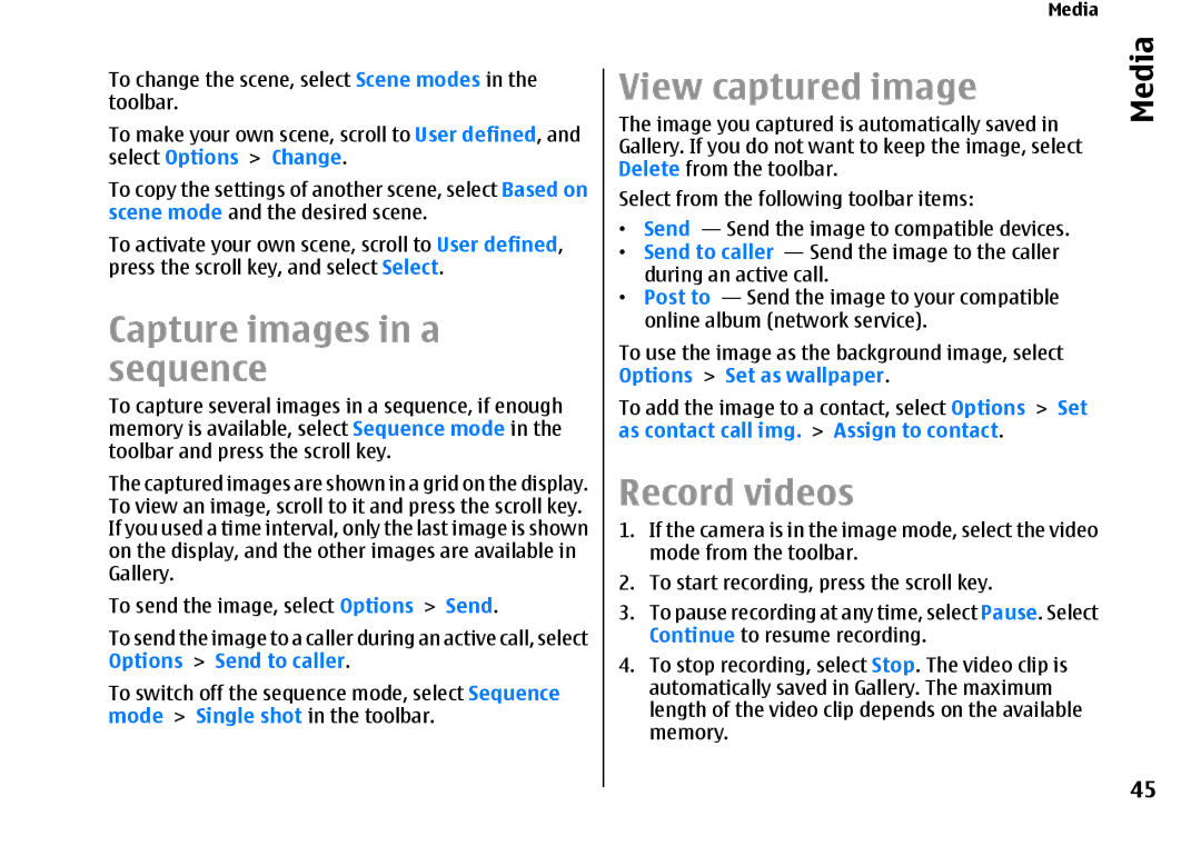 Nokia E66 manual Capture images in a sequence, View captured image, Record videos 