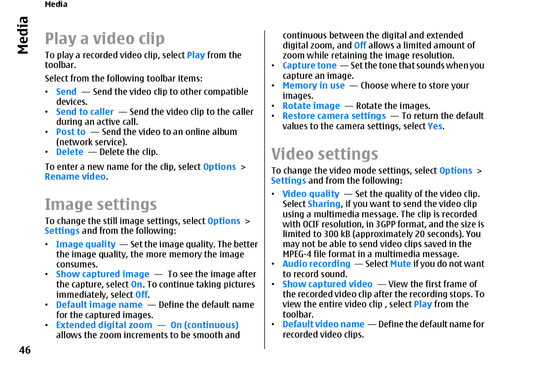 Nokia E66 manual Play a video clip, Image settings, Video settings 