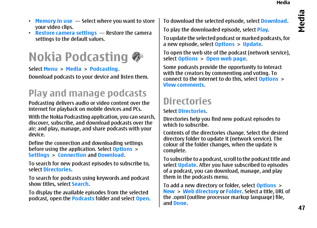 Nokia E66 manual Nokia Podcasting, Play and manage podcasts, Directories 