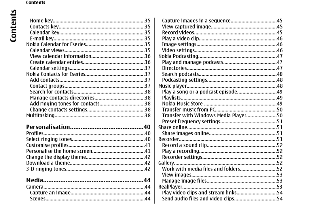 Nokia E66 manual Personalisation, Media 