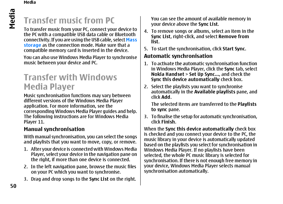 Nokia E66 Transfer music from PC, Transfer with Windows Media Player, Manual synchronisation, Automatic synchronisation 