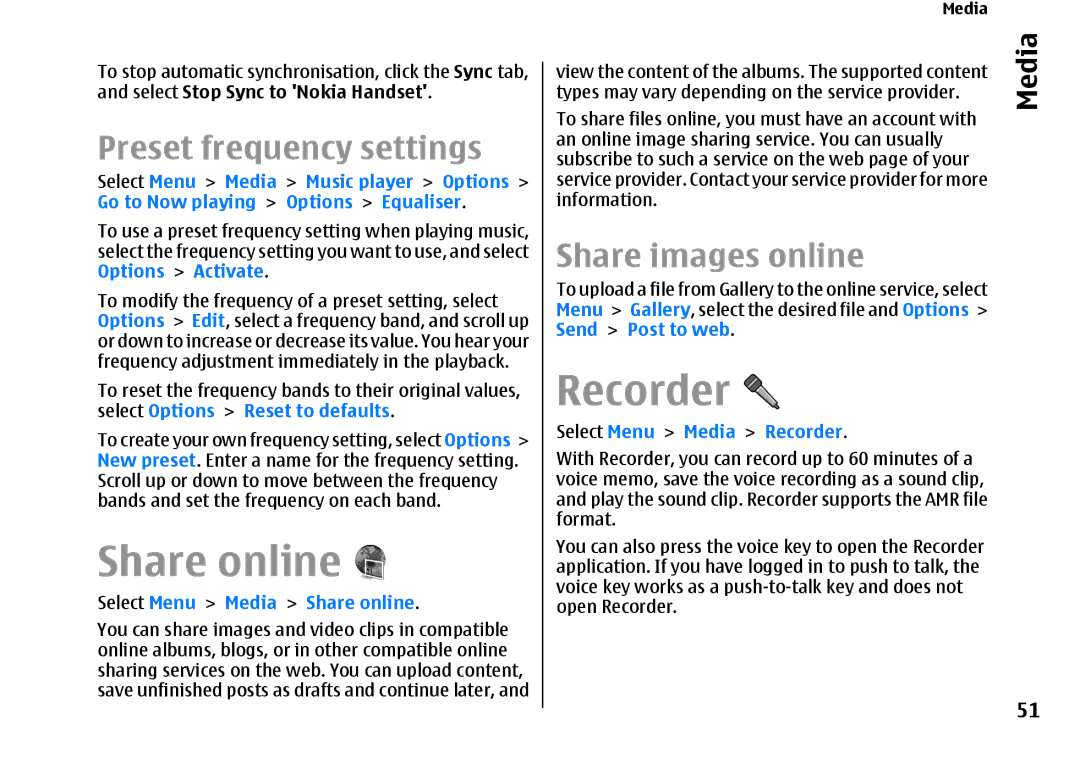 Nokia E66 manual Share online, Recorder, Preset frequency settings, Share images online 