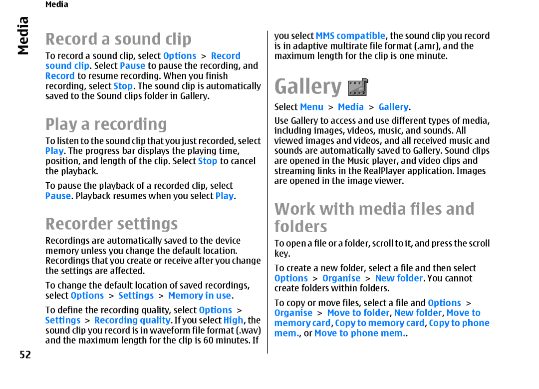 Nokia E66 manual Gallery, Record a sound clip, Play a recording, Recorder settings, Work with media files and folders 