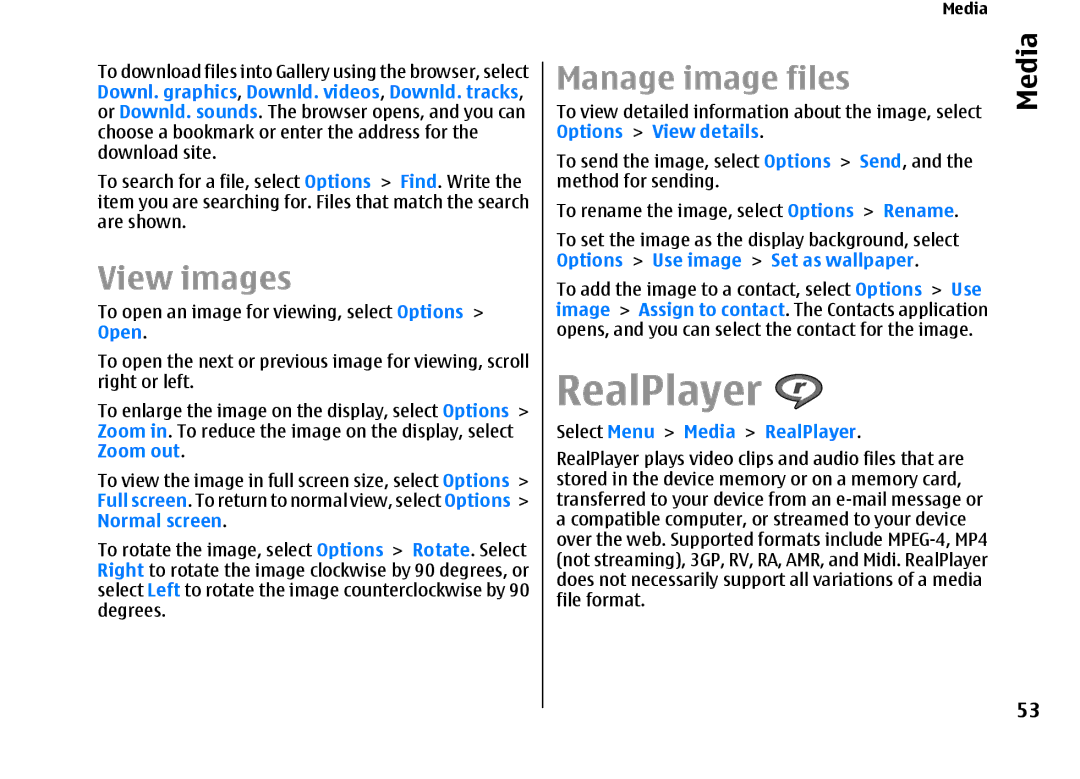 Nokia E66 manual RealPlayer, View images, Manage image files 