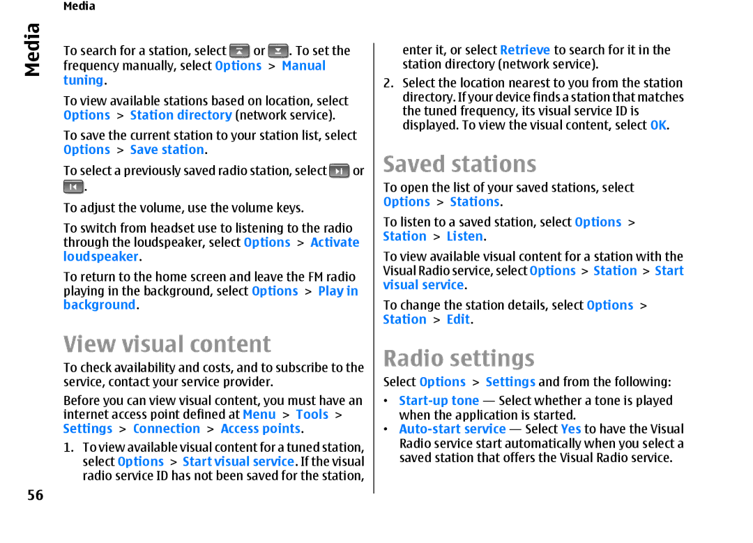 Nokia E66 manual View visual content, Saved stations, Radio settings 