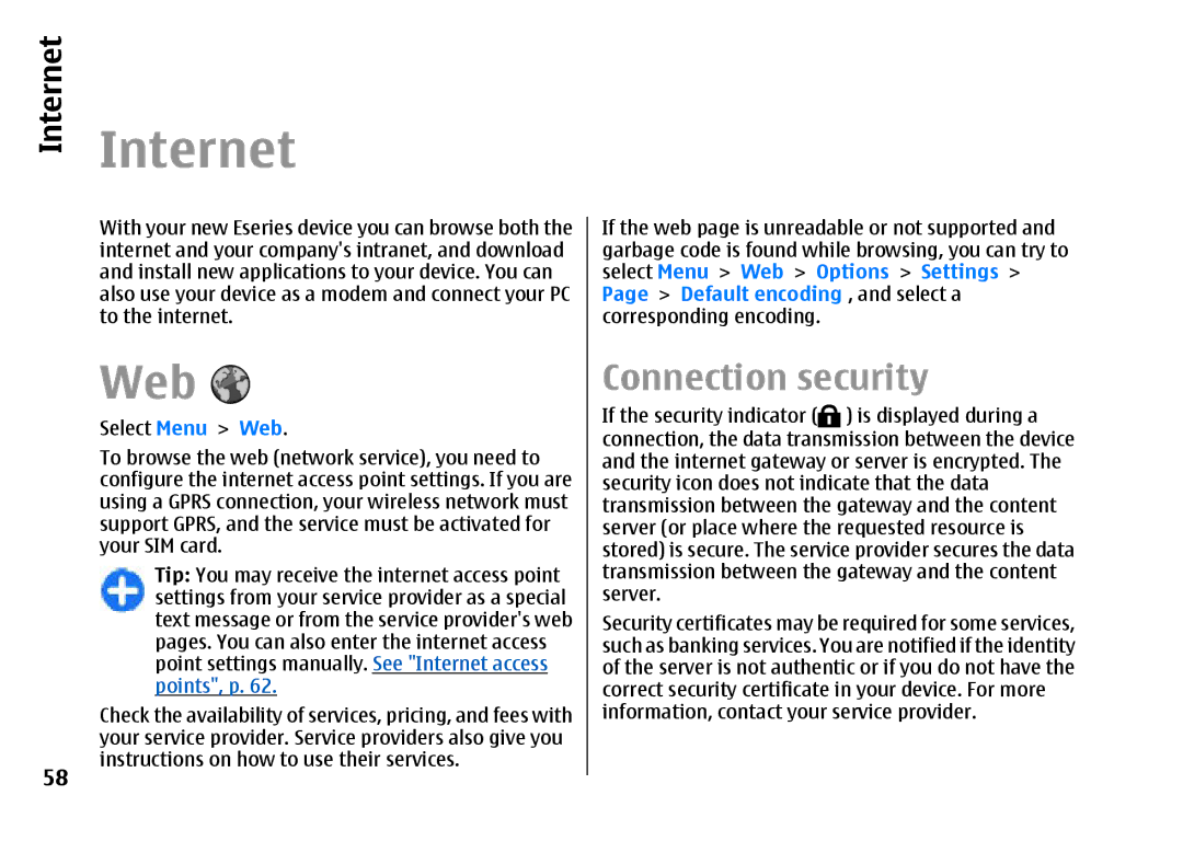 Nokia E66 manual Internet, Web, Connection security 