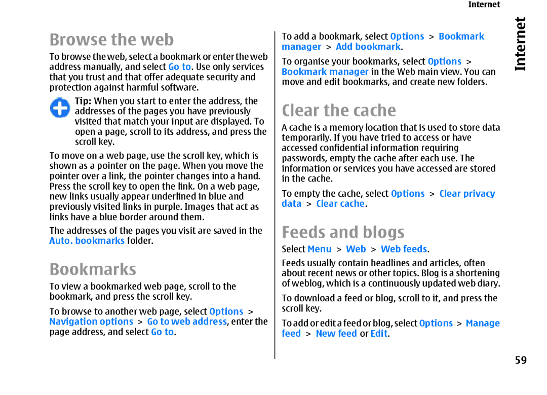 Nokia E66 manual Browse the web, Bookmarks, Clear the cache, Feeds and blogs 