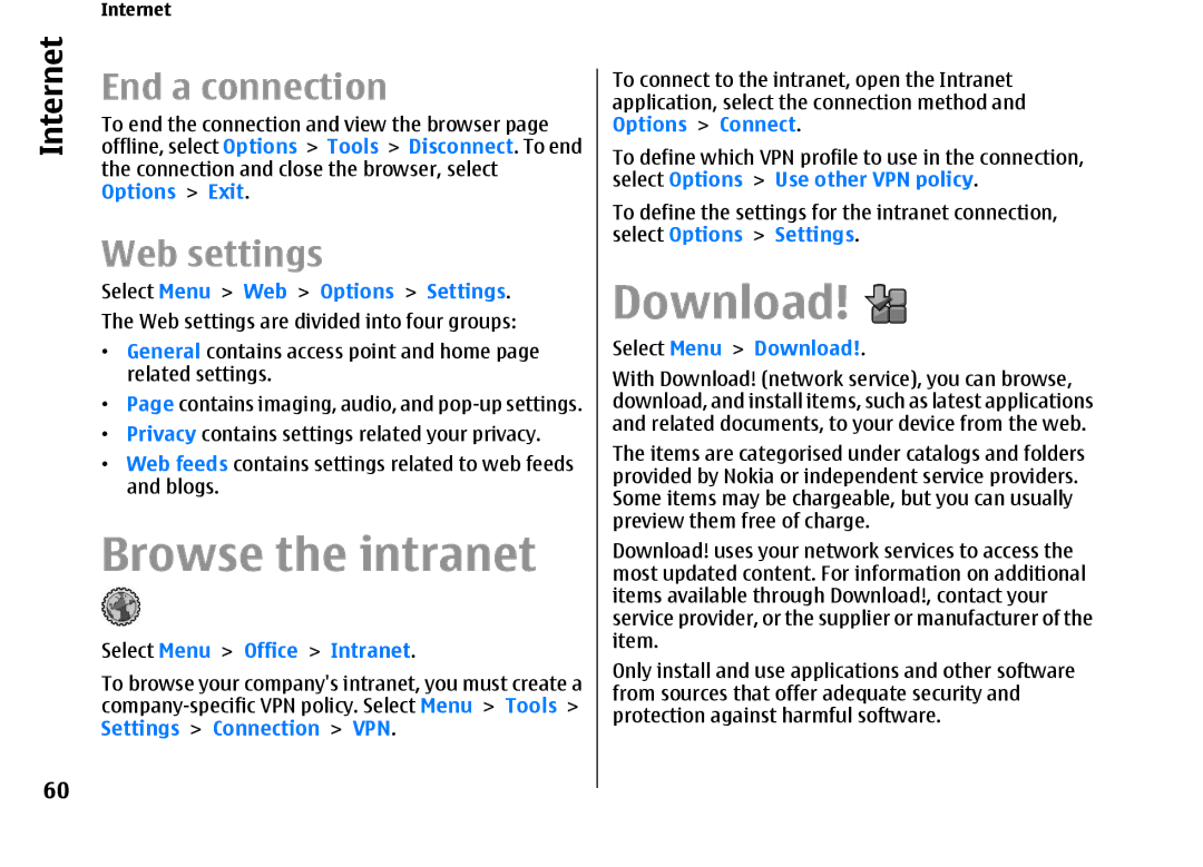 Nokia E66 manual Download, Browse the intranet, End a connection, Web settings 