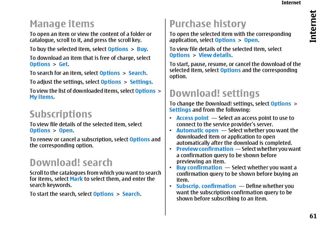 Nokia E66 manual Manage items, Subscriptions, Download! search, Purchase history, Download! settings 