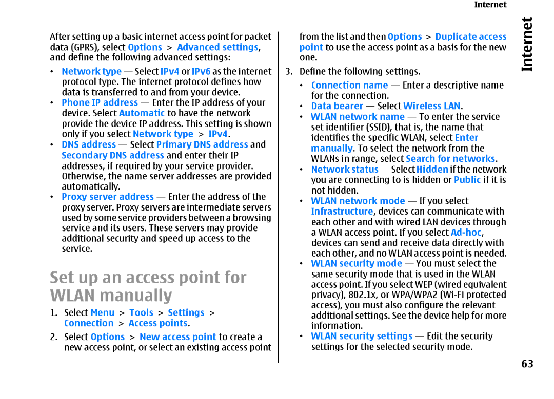 Nokia E66 Set up an access point for Wlan manually, Data bearer Select Wireless LAN 