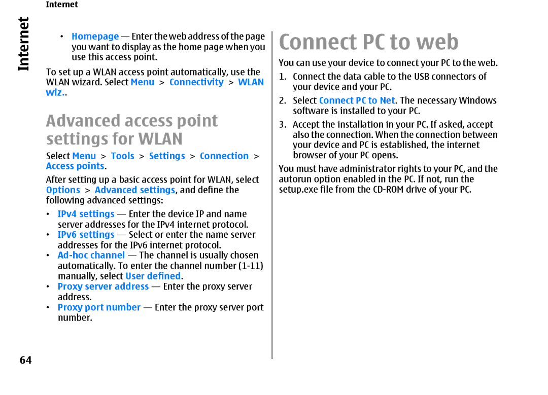 Nokia E66 manual Connect PC to web, Proxy server address Enter the proxy server address 