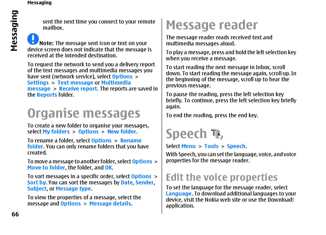 Nokia E66 manual Organise messages, Message reader, Edit the voice properties, Select Menu Tools Speech 