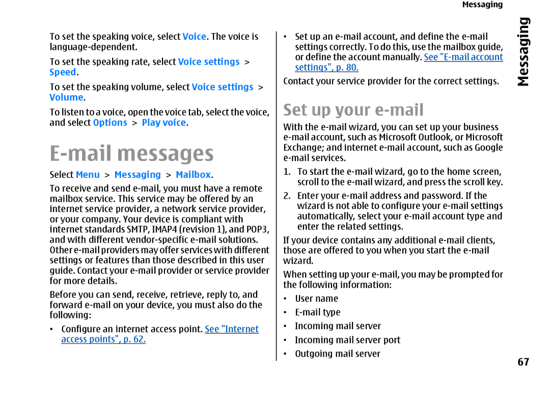 Nokia E66 manual Mail messages, Set up your e-mail, Select Menu Messaging Mailbox 