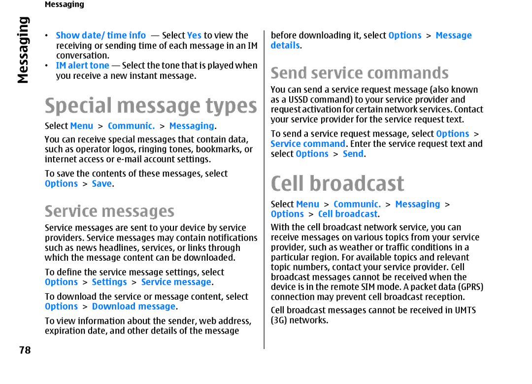 Nokia E66 manual Special message types, Cell broadcast, Service messages, Send service commands 