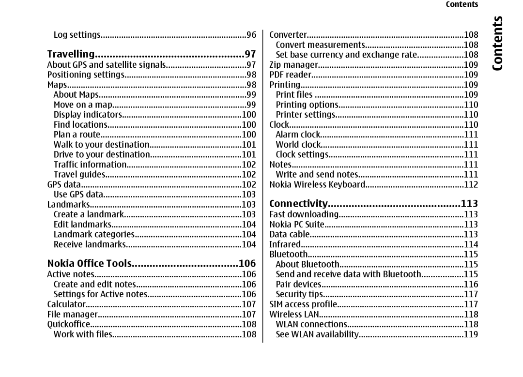 Nokia E66 manual Travelling, Nokia Office Tools 106, Connectivity 113 