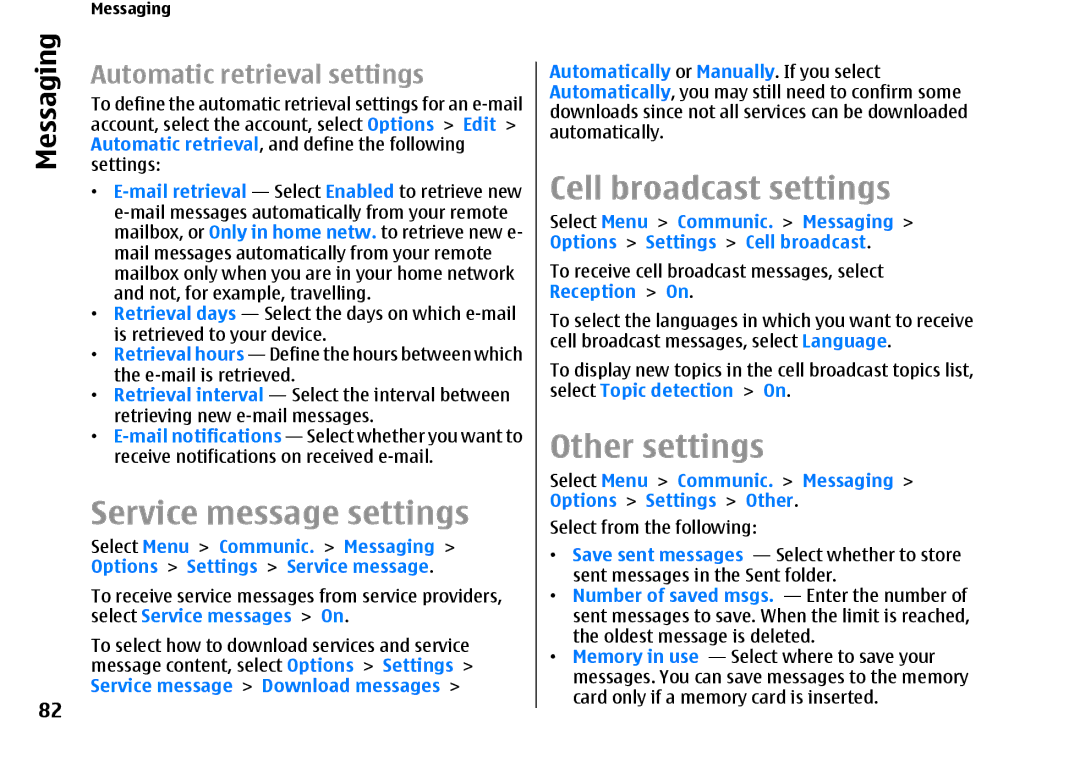 Nokia E66 manual Service message settings, Cell broadcast settings, Other settings 