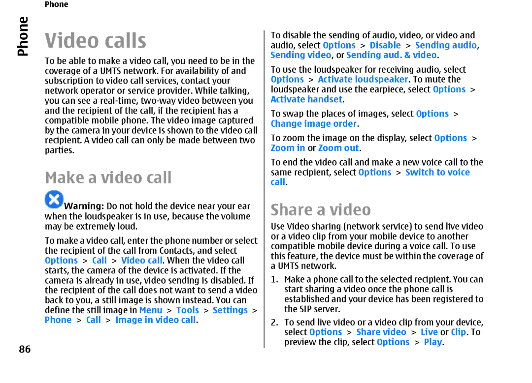 Nokia E66 manual Video calls, Make a video call, Share a video 